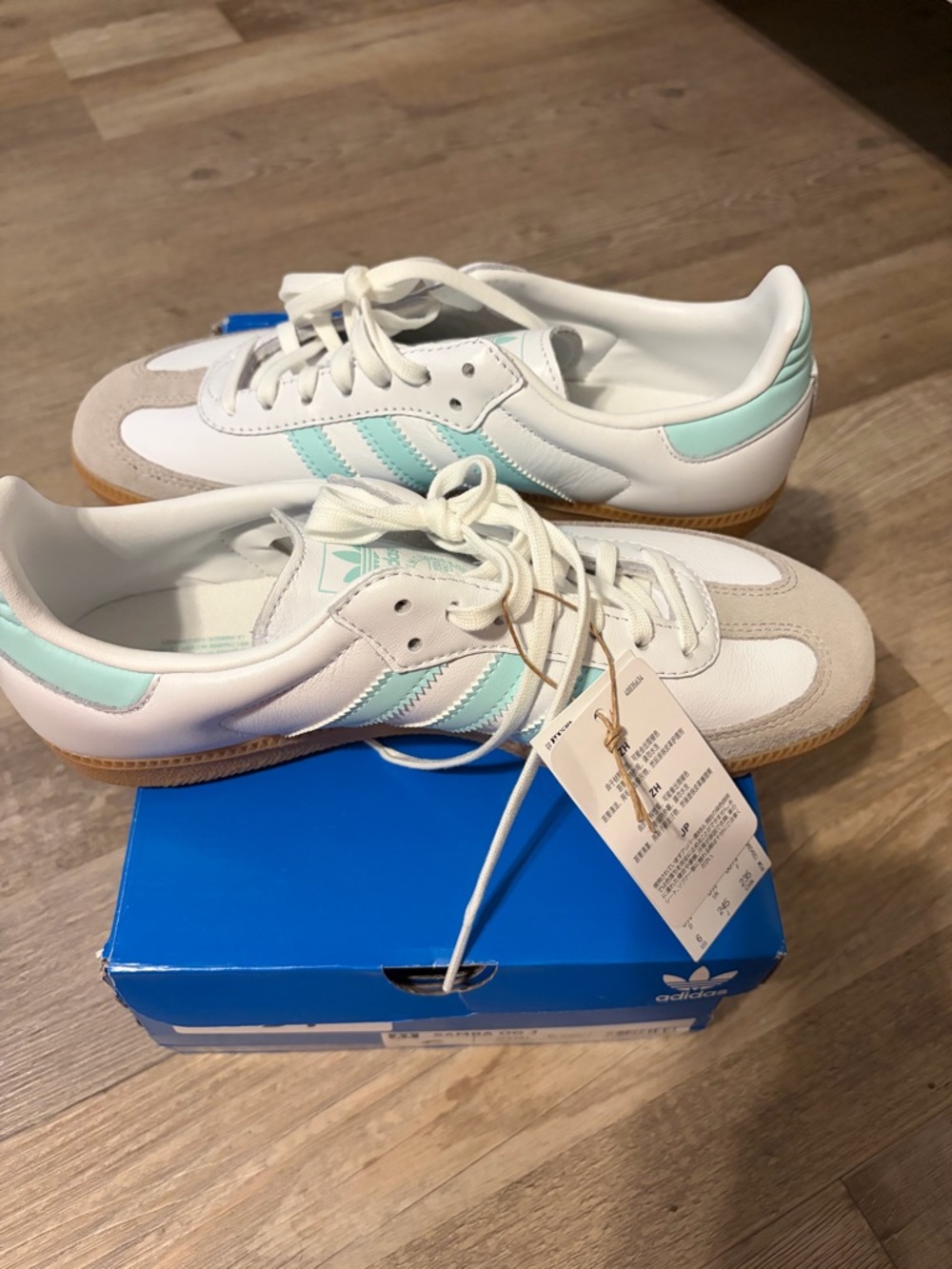 adidas White Aqua stripes and gum bottom Samba Sneakers - Picture 3 of 6